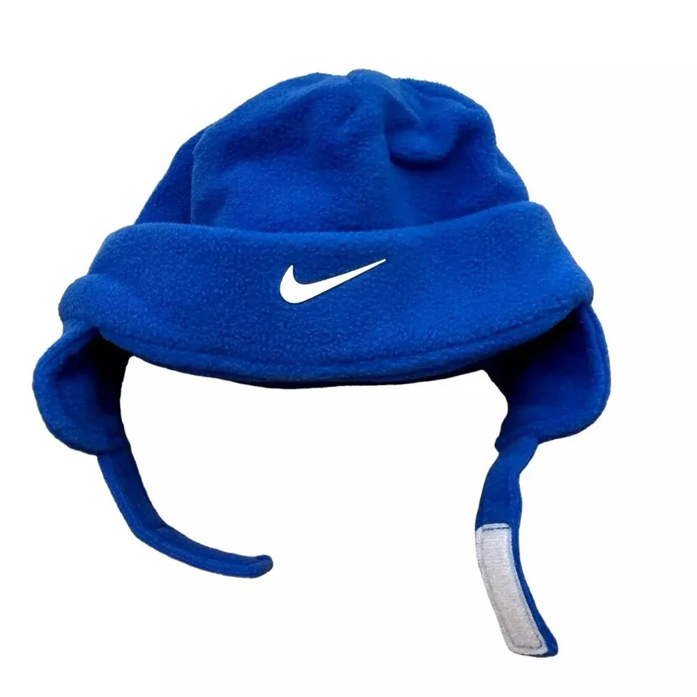 Nike Toddler Boy's Fleece Chin Strap Trapper Hat & Mittens 2 Piece Set 2-4T Blue